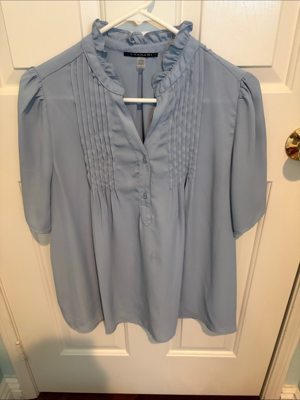 Tahari Powder Blue Pintuck Ruffle Blouse
